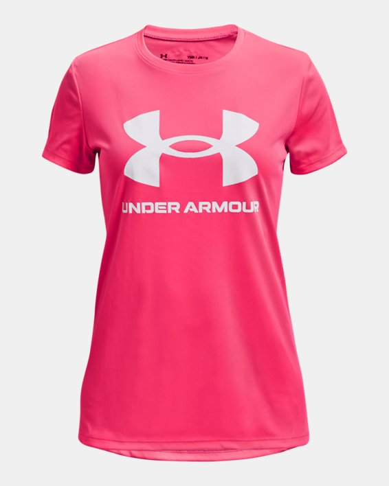 Girls' UA Tech™ Sportstyle Big Logo Short Sleeve, Pink, pdpMainDesktop image number 0